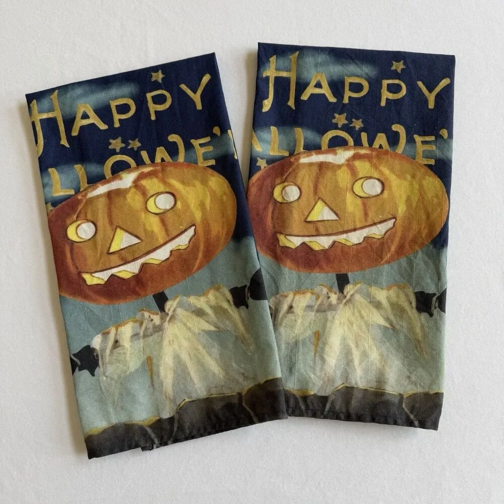 Williams Sonoma VINTAGE HALLOWEEN Tea Towels 20 x 30 Set of 2 Pumpkin Fall